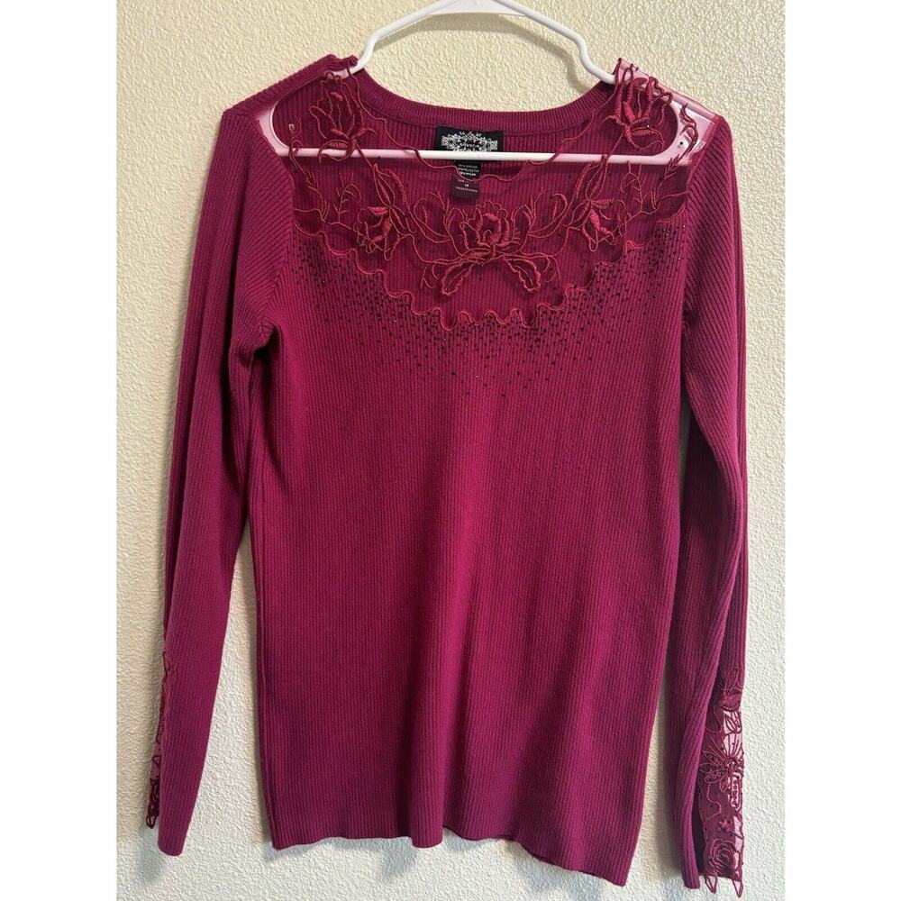 VTG Knit Lace Ribbed Sweater Embellished Romantic Festive Formal Women’s Size M